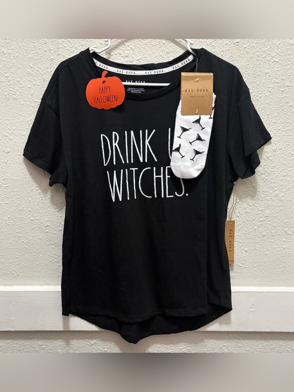 Rae Dunn "Drink Up Witches" Halloween Shirt with Martini Socks NWT Largr